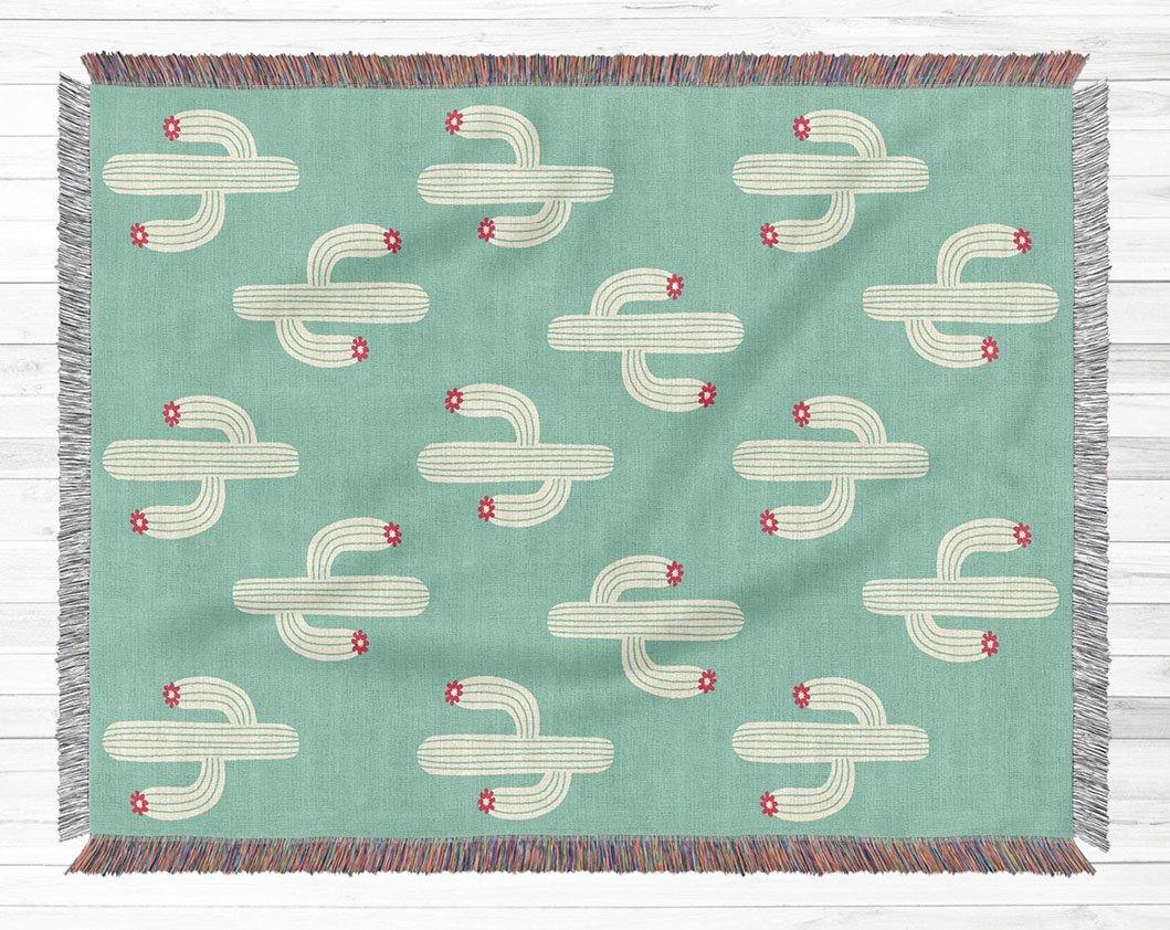 Blue Cactus Pattern Cotton Woven Blanket - Urban Jungle Life