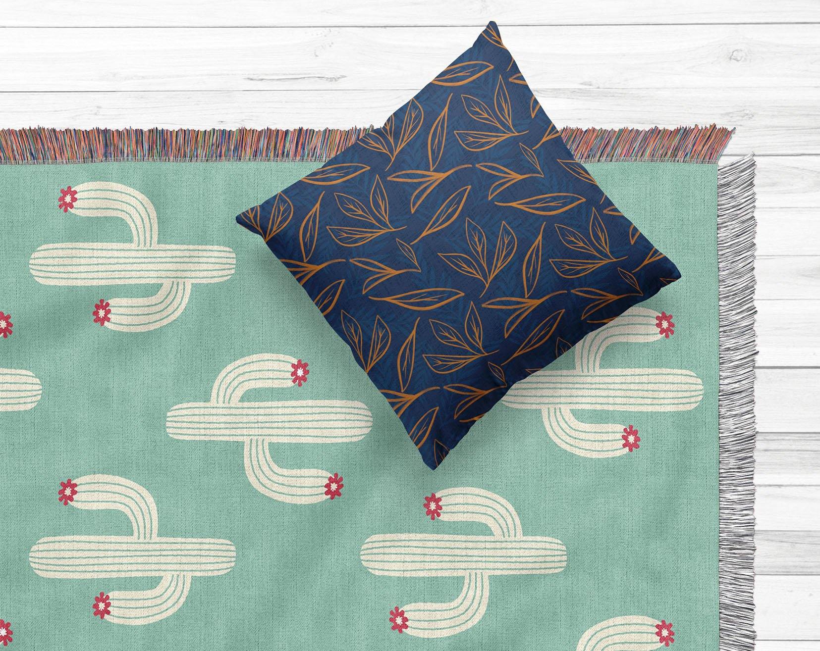 Blue Cactus Pattern Cotton Woven Blanket - Urban Jungle Life