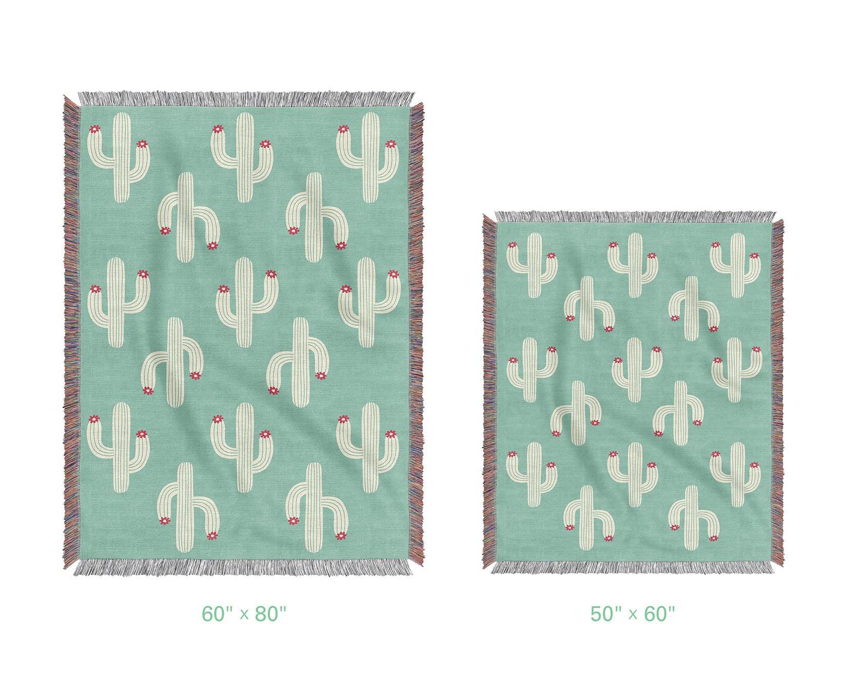 Blue Cactus Pattern Cotton Woven Blanket - Urban Jungle Life