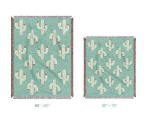 Blue Cactus Pattern Cotton Woven Blanket - Urban Jungle Life